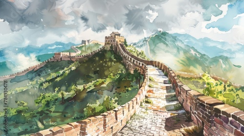 A detailed watercolor painting depicting the Great Wall of China snaking through mountainous terrain with watchtowers along its length. The wall stands out against the sky, showcasing its architectura photo