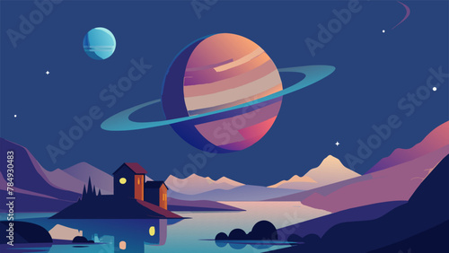 In the midst of a galaxy filled with dazzling nebulas and sparkling stars a small moon orbits a gas giant. On its surface a series of domeshaped