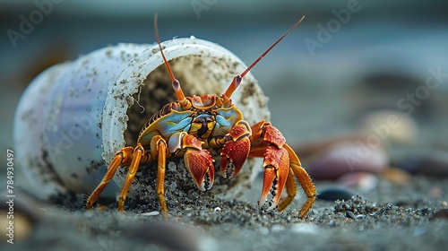 The idea of environmental degradation is depicted by the hermit crab along with human dump over a damp beach hard to walk and space, Generative AI.