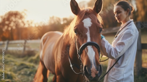 Veterinarian Conducting Horse Checkup at Sunset