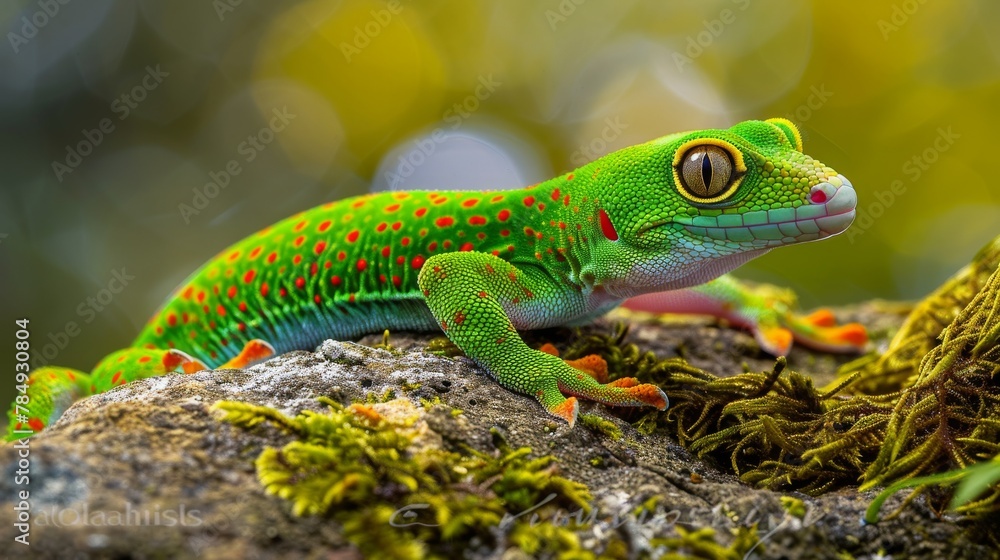 A green gecko is perched on top of a rock covered in vibrant green moss. The geckos distinctive scales and bright coloration stand out against the lush backdrop. A green gecko is perched on top of a rock covered in vibrant green moss. The geckos distinctive scales and bright coloration stand out against the lush backdrop.