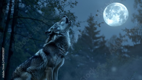 A grey wolf stands in a wooded area, gazing up at the moon in the night sky. The wolfs posture suggests alertness and curiosity as it observes the celestial body above.