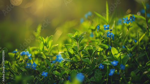A beautiful display of electric blue flowers, an annual plant, growing amongst the grass in the natural landscape. The groundcover adds charm to the meadow
