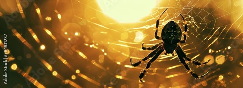 A spider is seen weaving its intricate web in front of the bright sun. The silhouette of the arachnid stands out against the glowing orb in the background. photo