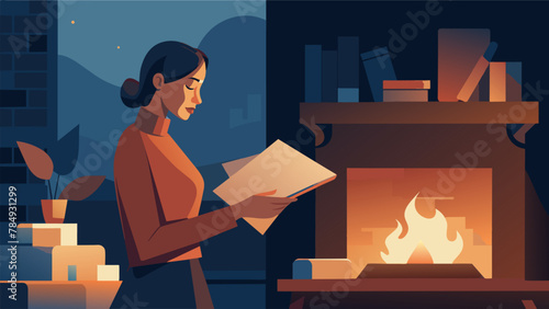 A woman stands in front of a fireplace holding a stack of old letters close to her heart. The fire casts a warm glow on her face as she reads