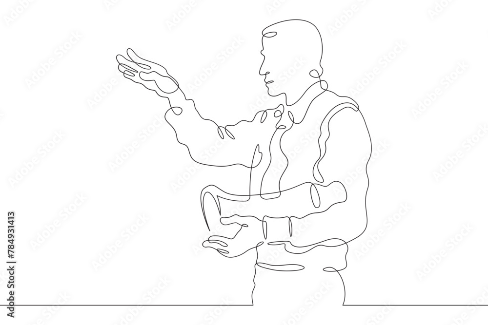 Film director on the set of a film. The director directs the work on the set. Filmmaking.One continuous line . Line art. Minimal single line.White background. One line drawing.