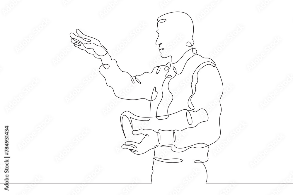 Film director on the set of a film. The director directs the work on the set. Filmmaking.One continuous line . Line art. Minimal single line.White background. One line drawing.