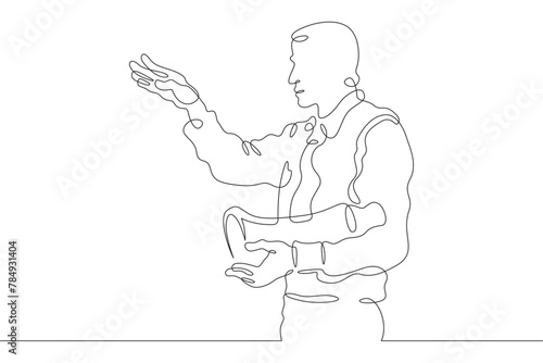 Film director on the set of a film. The director directs the work on the set. Filmmaking.One continuous line . Line art. Minimal single line.White background. One line drawing.