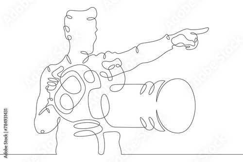 Film director on the set of a film. The director directs the work on the set. Filmmaking.One continuous line . Line art. Minimal single line.White background. One line drawing.