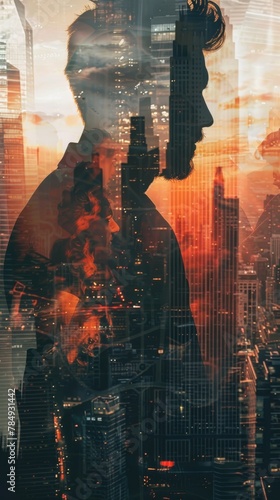A double exposure showing a man standing in a modern city environment, blending with the urban landscape and skyscrapers. The man is superimposed onto the cityscape, creating a unique and dynamic visu