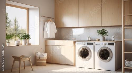 Generative AI A Scandinavian-inspired laundry area with light wood accents, functional design, and a serene, clutter-free environment. photorealistic