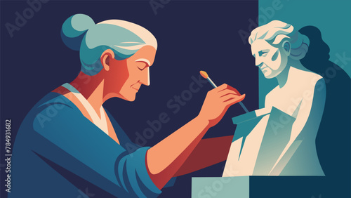 An elderly artist sits serenely in front of her latest sculpture her gnarled hands expertly molding the stone into a graceful figure. With each