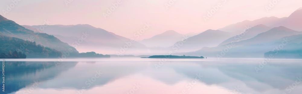 A body of water with towering mountains in the background, creating a dramatic and awe-inspiring natural landscape. The calm lake reflects the rugged peaks in the distance under a clear blue sky.