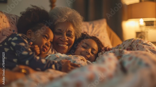Several women are lying side by side in a bed, creating a sense of closeness and camaraderie. They appear comfortable and relaxed, sharing a moment of connection and intimacy. photo