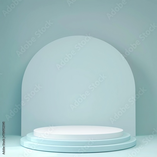 Beautiful round palstic empty podium with space for a product, light blue background photo