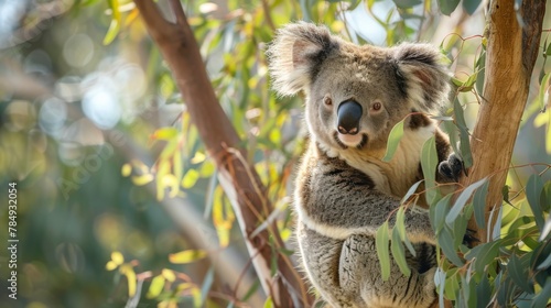 A koala is sitting on a tree branch. The tree is green and the sky is blue photo