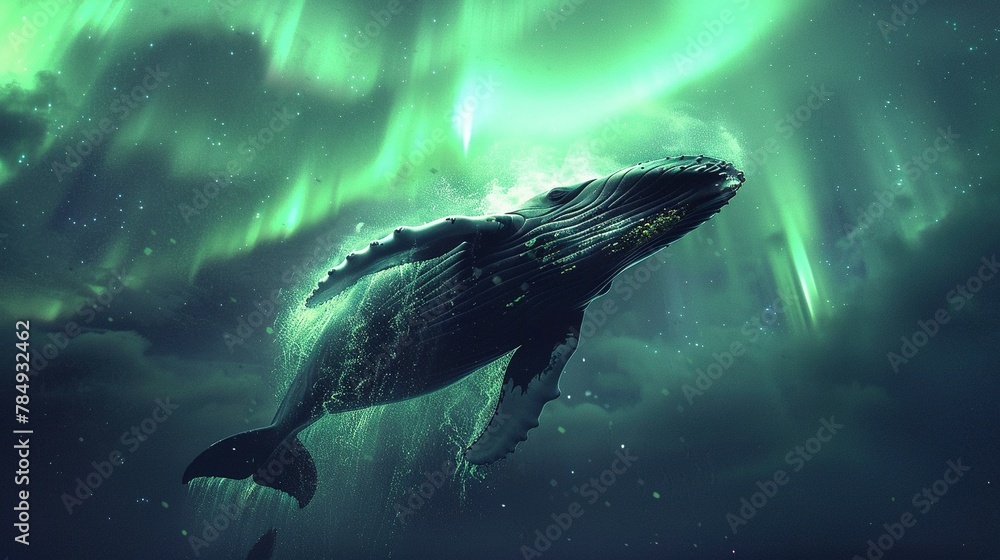 Fototapeta premium Whale breaching with dreamy aurora ,Humpback whale breaching water with breathtaking aurora shimmering on dreamy