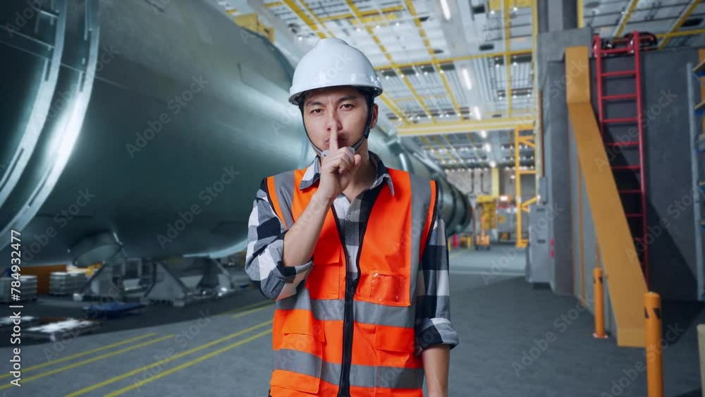 Asian Male Engineer With Safety Helmet Making Shh Gesture While Standing In Pipe Manufacturing Factory Asian Male Engineer With Safety Helmet Making Shh Gesture While Standing In Pipe Manufacturing Factory