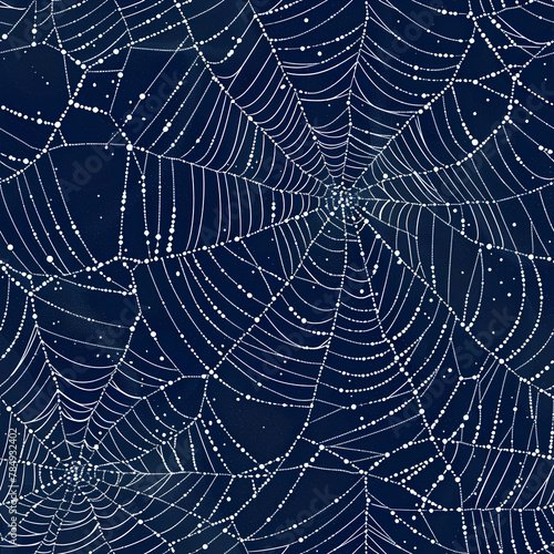 Dewy Spider Web, Midnight Blue, Intricate Network with Copy Space © Nikka