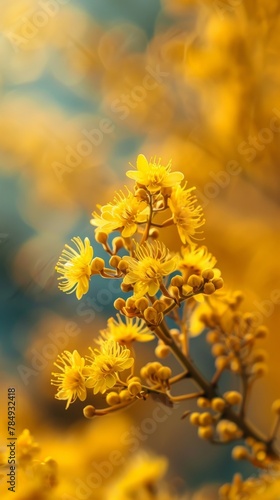 A detailed view of a plant featuring vibrant yellow flowers in full bloom. The petals are bright and eye-catching, while the green leaves provide a beautiful contrast. © vadosloginov