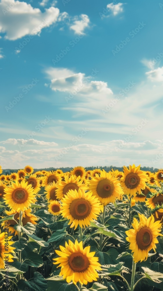 Fototapeta premium A vast expanse of sunflowers stretching out under a clear blue sky, creating a striking contrast of yellow against the vibrant backdrop.
