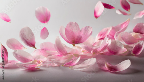 flying pink petals isolated on white background cutout  colorful abstract backdrop  copy space