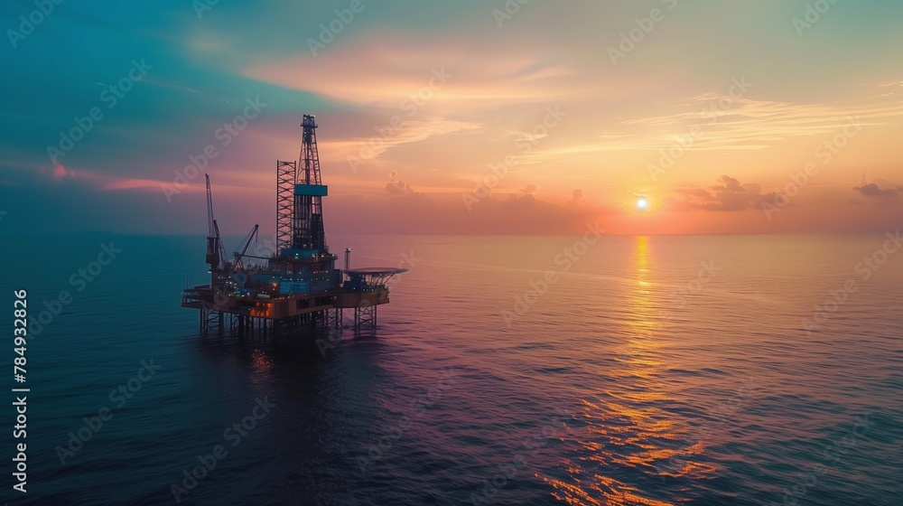 Sunset Horizon Over Offshore Drilling Rig in Ocean Sunset Horizon Over Offshore Drilling Rig in Ocean