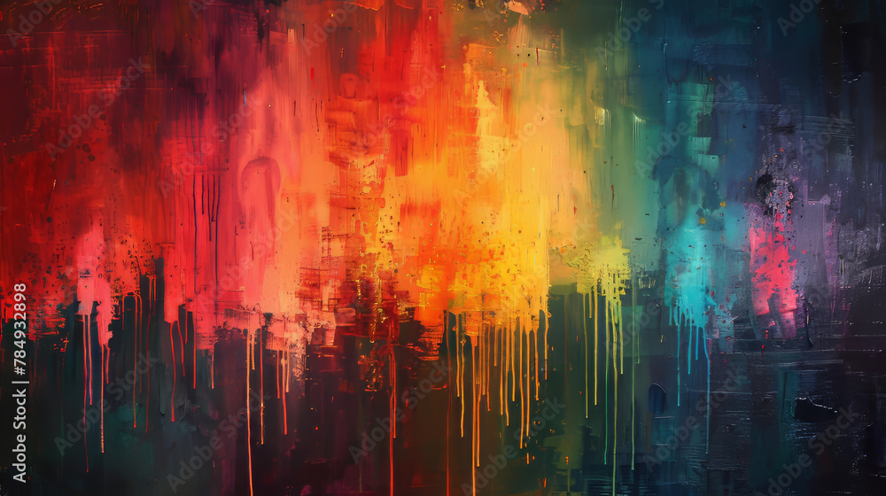 Obraz premium Abstract painting with vivid red, orange, and yellow drips resembling an urban scene, ai generated