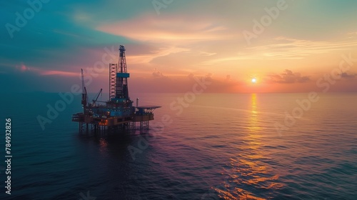 Sunset Horizon Over Offshore Drilling Rig in Ocean