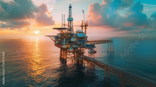 Offshore Oil Rig at Sunset in Ocean photo