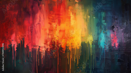 Abstract painting with vivid red  orange  and yellow drips resembling an urban scene  ai generated