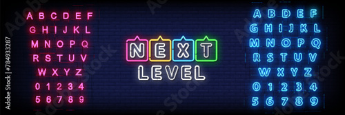 Neon Sign next level on brick wall background with the alphabet