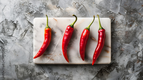 Three red chili peppers, possibly Birds eye or Chile de rbol, are displayed on a marble cutting board. These spicy ingredients are commonly used in cooking and are a staple in natural foods photo
