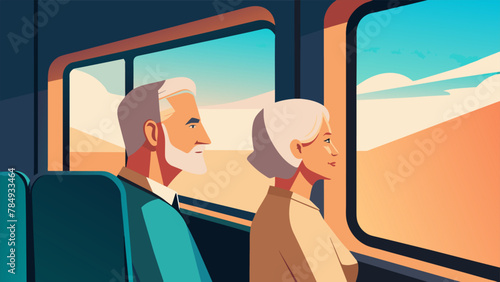 A glimpse of an older couple on a train their faces pressed against the window as they watch the changing scenery pass by. The excitement in