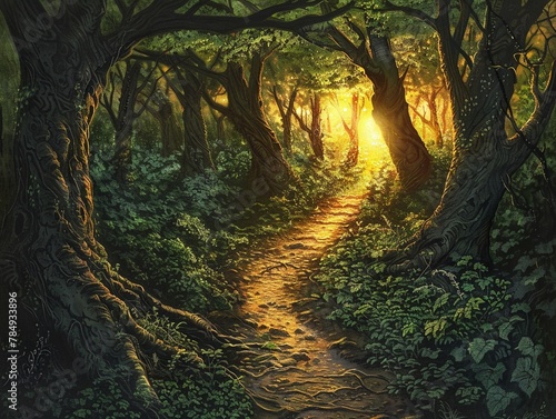 Two Paths in a Forest  One path leading towards a sunny clearing and the other into a dark  tangled wood