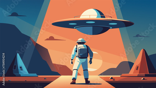 A human adorned in an astronaut suit gingerly steps out of a UFO carrying a large backpack filled with survival gear. The aliens peer down at