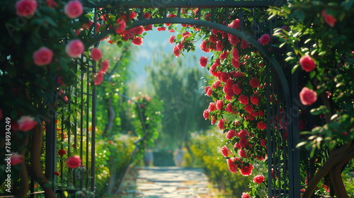 A beautiful garden enclosed by a gate, adorned with colorful flowers, lush trees, and vibrant shrubs. The landscape is filled with tints and shades of various flowering plants and annual plants photo