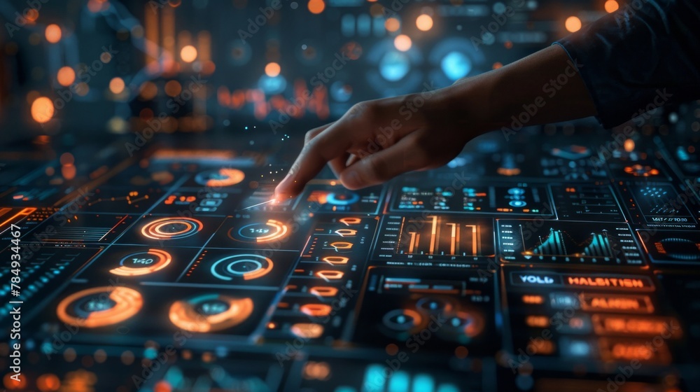 business hand clicking excellent performance, virtual screen interaction, digital art, AI Generative business hand clicking excellent performance, virtual screen interaction, digital art, AI Generative