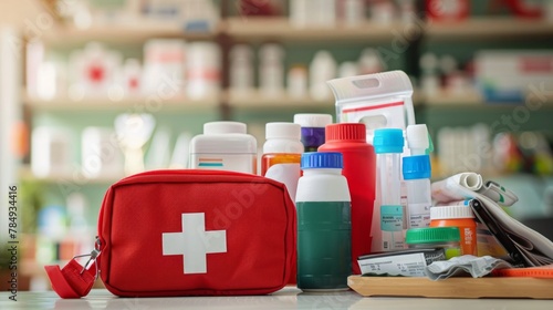 An open first aid kit on a table, displaying a variety of medical supplies necessary for initial care in accidents or emergencies. The image emphasizes the importance of having a , AI Generative photo