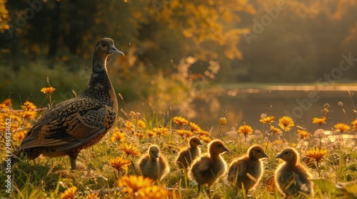 Mother Duck Leading Her Ducklings in the Forest