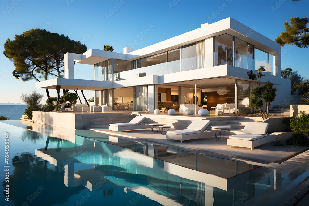 Fototapeta premium Landscape of Villa or hotel house modern with swimming pool. Caldera infinity typical architecture background. Luxury travel vacation destination. Upscale modern mansion beautiful interior decoration.
