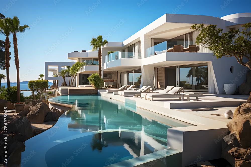 Landscape of Villa or hotel house modern with swimming pool. Typical architecture background. Luxury travel vacation destination. Upscale modern mansion beautiful interior decoration. Bright blue sky.