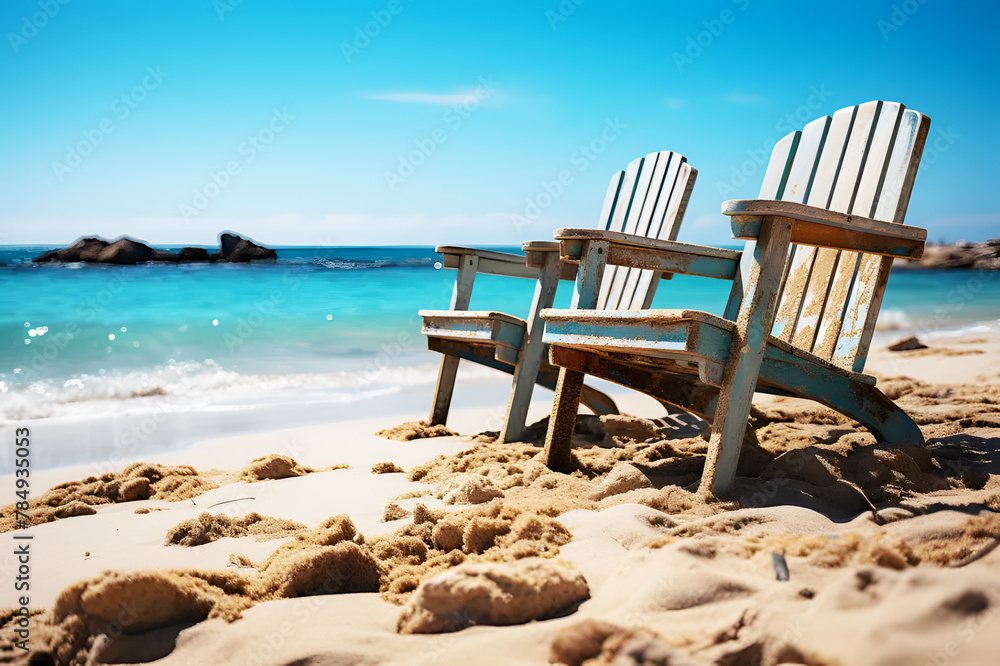 Front of brown wood chairs at beach with sea and blue sky and bright sunlight is background. Summer vacation concept. Realistic color clipart template pattern.