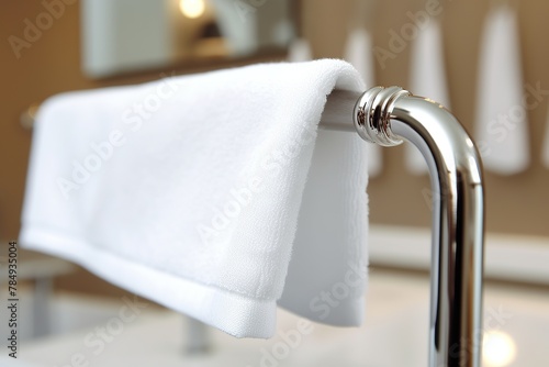 A closeup of a pristine white towel hanging on a polished metal rod Generative AI
