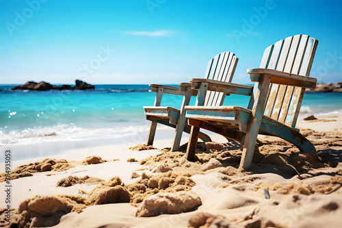 Front of brown wood chairs at beach with sea and blue sky and bright sunlight is background. Summer vacation concept. Realistic color clipart template pattern.