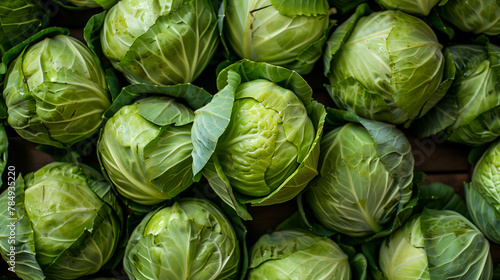 A stack of leafy green cabbage heads, a staple food and local produce, sitting on a wooden table. Cabbage is a whole food and natural ingredient photo