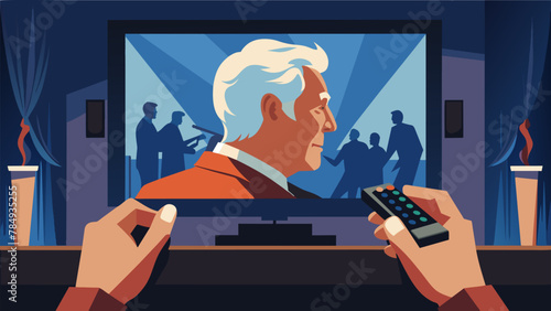 A closeup of a seniors wrinkled hands holds a remote their eyes glued to the TV as they stream a live concert by their favorite band.