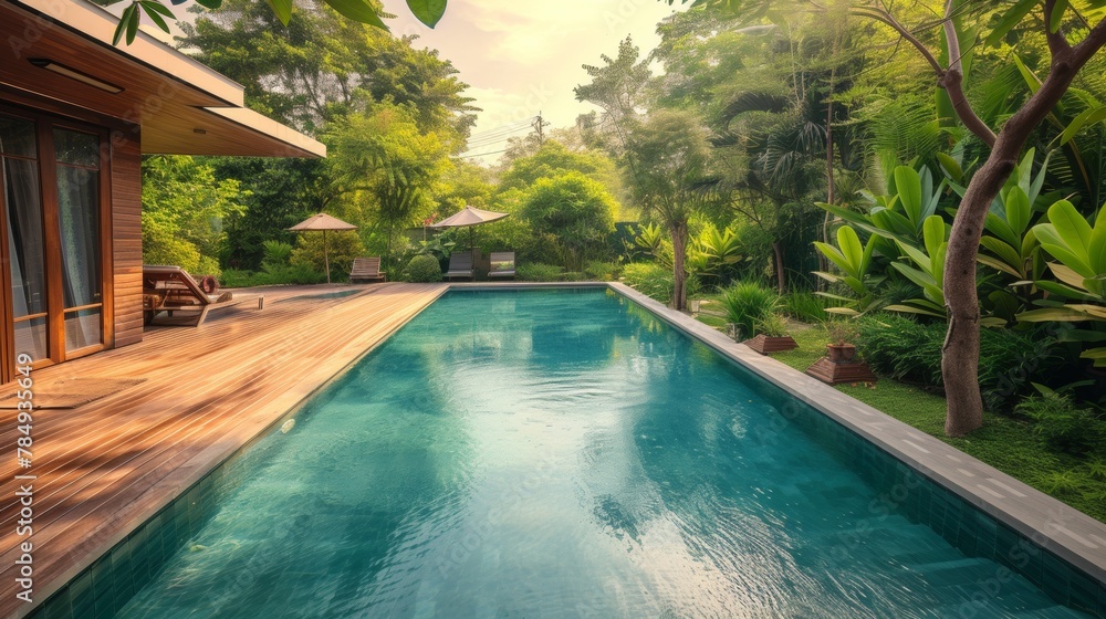 Swimming pool in garden, Wooden floor swimming pool in backyard