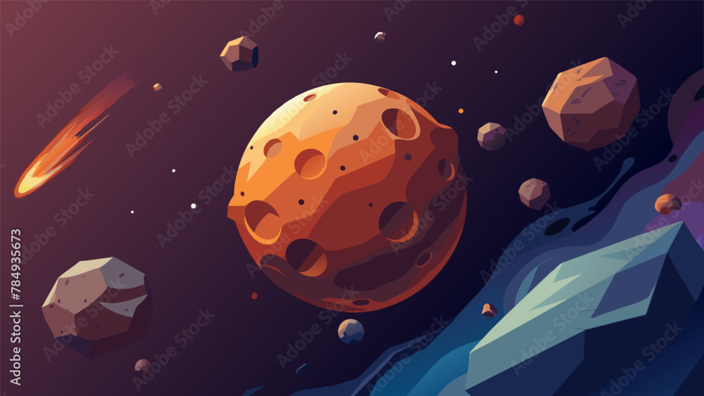 A lone asteroid drifts lazily through the void its surface pitted with deep crevices and sharp ridges. In the background a of smaller asteroids A lone asteroid drifts lazily through the void its surface pitted with deep crevices and sharp ridges. In the background a of smaller asteroids