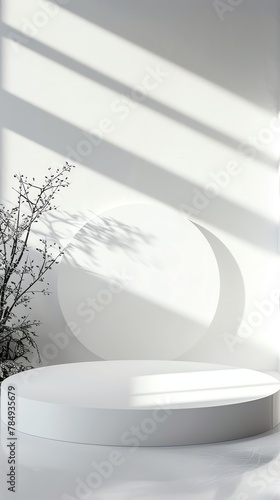 Beautiful round palstic empty podium with space for a product, white background photo